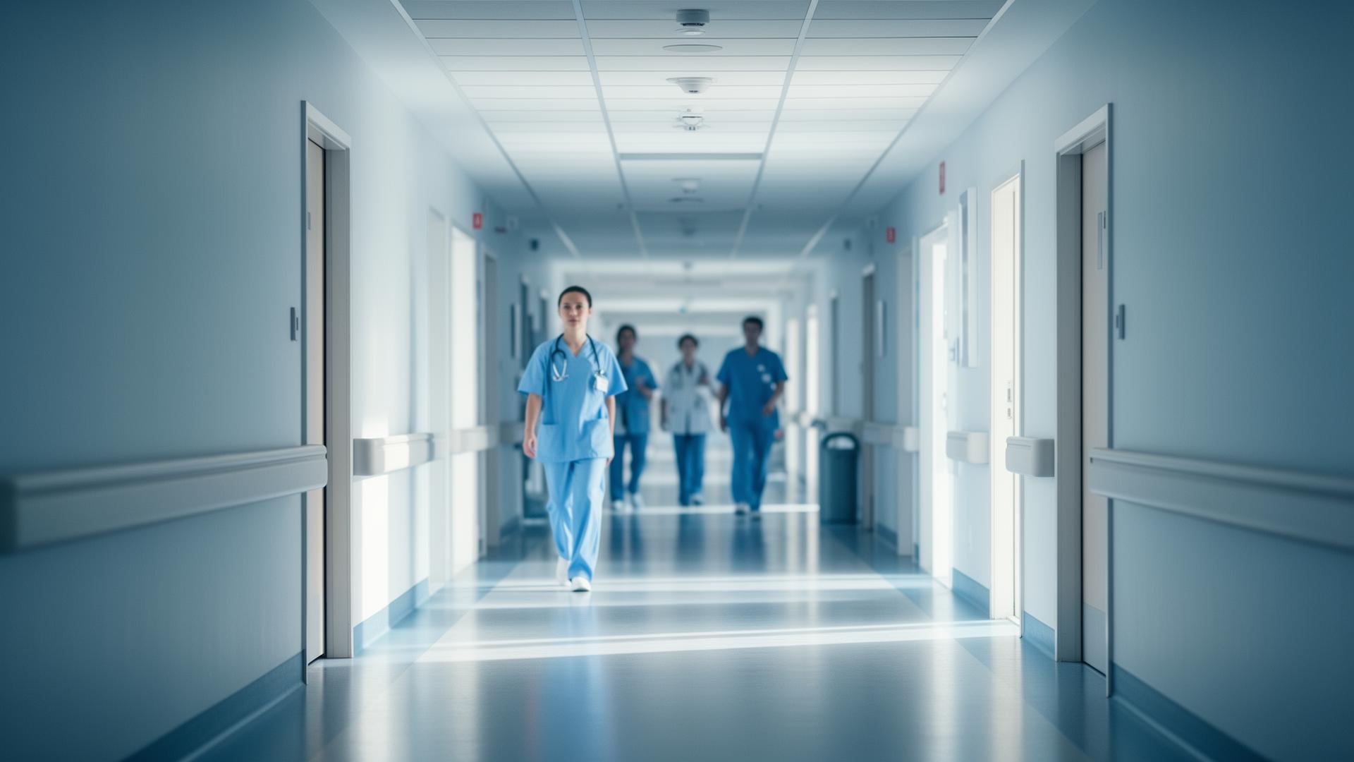 Modern hospital corridor with clinicians